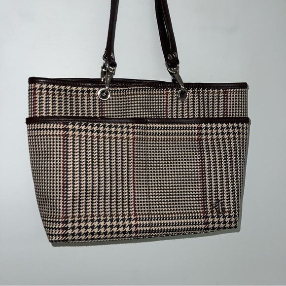 Ralph Lauren Vintage Mini Tote  Bag Beige‎ Brown Houndstooth Tartan Plaid Purse - Picture 4 of 12
